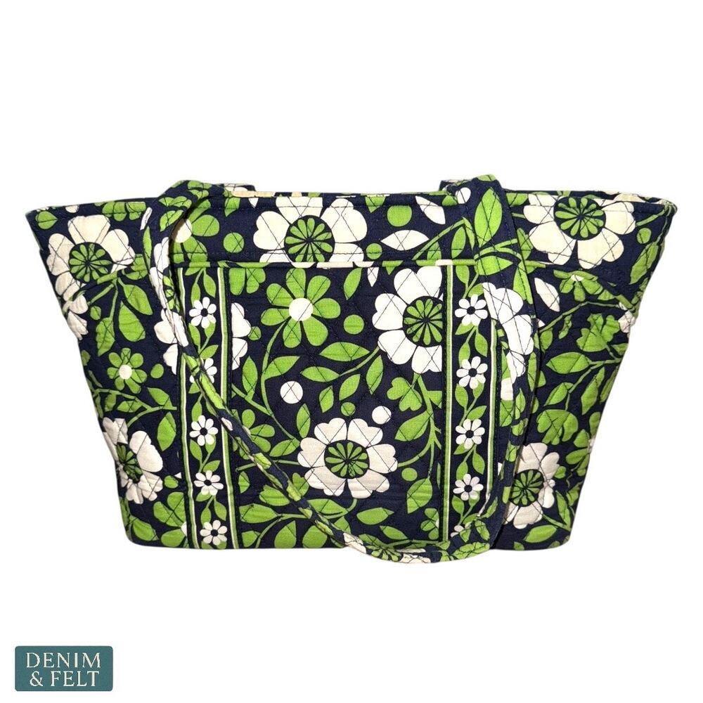 Vera Bradley Medium Shoulder Bag Tote Botanica Green Navy Floral Quilted Cotton